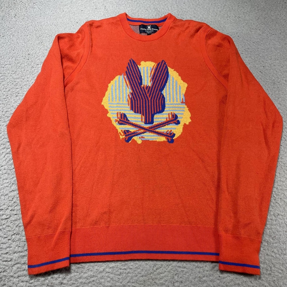 Psycho Bunny Sweater Mens Small‎ Orange Skull Graphic Knit Pullover Crewneck